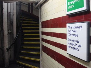 The entrance to the stairs at Hampstead tube station.