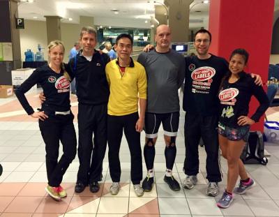 The elite climbers who took on the Calgary Tower Power Hour (L-R Veronica Stocker, Görge Heimann, Napoleon Woo,  Zivadin Zivkovic, Alex Workman, Madeleine Fontillas Ronk)
