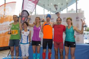 Men and women podium finishers in Benidorm: (l-r) Omar Bekkali, Ivonne Martinucci, Lenka Svabikova, Tomas Celko, Ignacio Cardona, Rosi Llorens